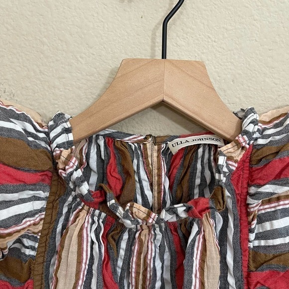 Ulla Johnson Adana Stripe Ruffle Flutter Sleeve High-Neck Blouse Top Poppy 4 - Picture 9 of 15